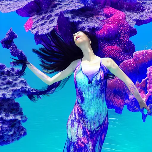 Image similar to woman dancing underwater wearing a flowing dress made of blue, magenta, and yellow seaweed, amazing corals around her, swirling silver fish, unreal engine, caustics lighting from above, cinematic