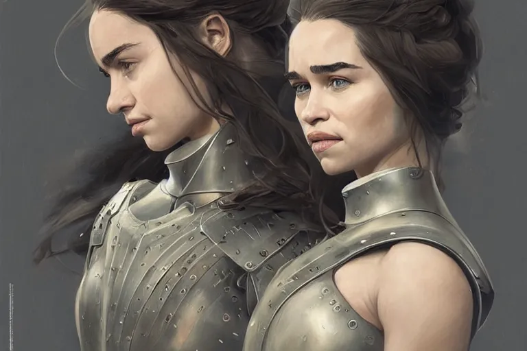 Prompt: a finely detailed portrait of Emilia Clarke, clothed in battle armor, olive skin, long dark hair, beautiful bone structure, symmetrical facial features, intricate, elegant, digital painting, trending on Artstation, concept art, smooth, sharp focus, illustration, from Metal Gear by Ruan Jia and Mandy Jurgens and Artgerm and and william-adolphe bouguerea, award winning