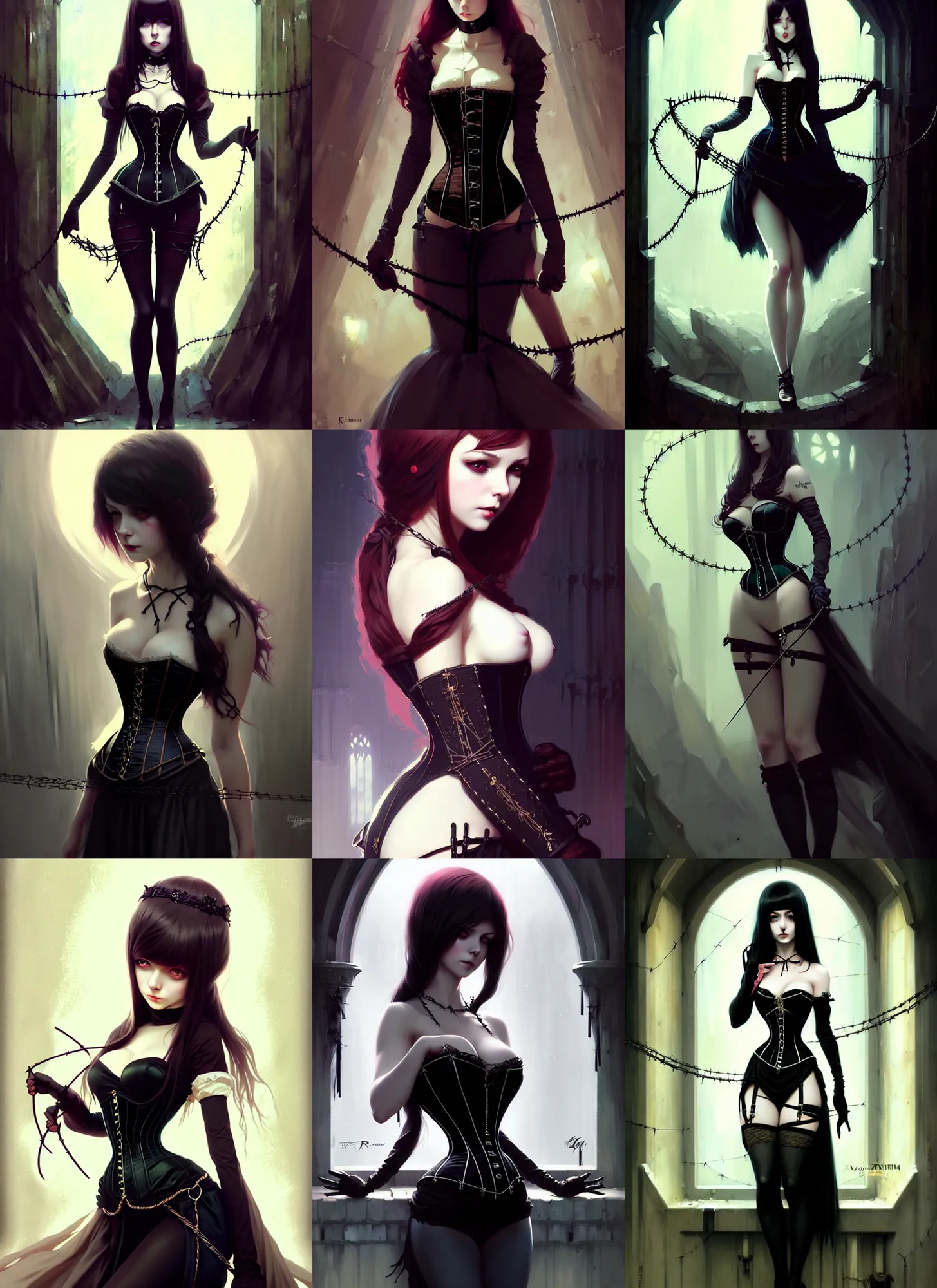 Prompt: an elegant beautiful gothic princess, fully bound by barbed wire in a dungeon, very tight corset, full body, style of ilya kuvshinov greg rutkowski anna dittmann, masterpiece, very high quality, dark, intricate, high resolution