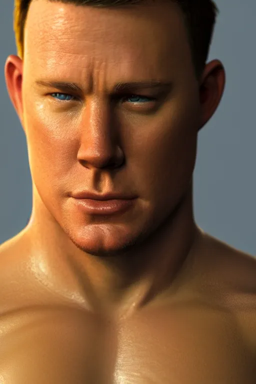 Image similar to a head shot of channing tatum as half human and a tater tot on a plate, tater tot face, ef 8 5 mm f 1. 8 usm, bionic scifi alexandre ferra, hyper detailed, digital art, trending in artstation, cinematic lighting, studio quality, smooth render, unreal engine 5 rendered, octane rendered