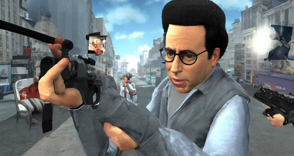 Image similar to Seinfeld as a PS3 first person shooter game, screenshot