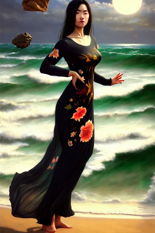 Prompt: photorealistic portrait of a dark mystical goddess wearing a qipao dress, ao dai, big sun rough sea and jagged rocks, nets, plastic bottles, garbage, sand and sea, golden hour, environmental, fantasy, atmospheric, hyper realistic, artstation, art by artgerm, andres rodriguez and john william waterhouse