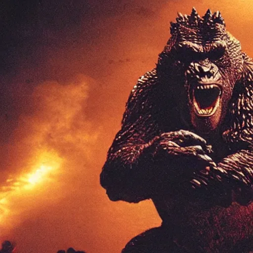 Prompt: Godzilla and King Kong in a 90s wrestling match, center lighting, dark crowd, camera flashes, spotlights, gritty