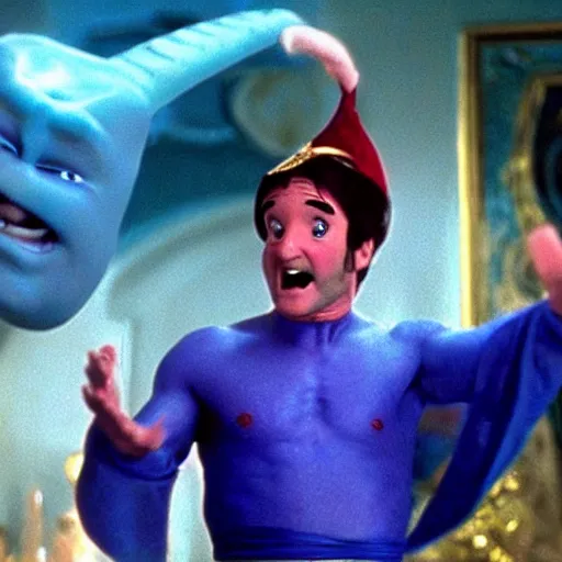 Prompt: a photo of robin williams turning into the genie from disney's aladin mid fight during a fist fight with bruce willis from die hard