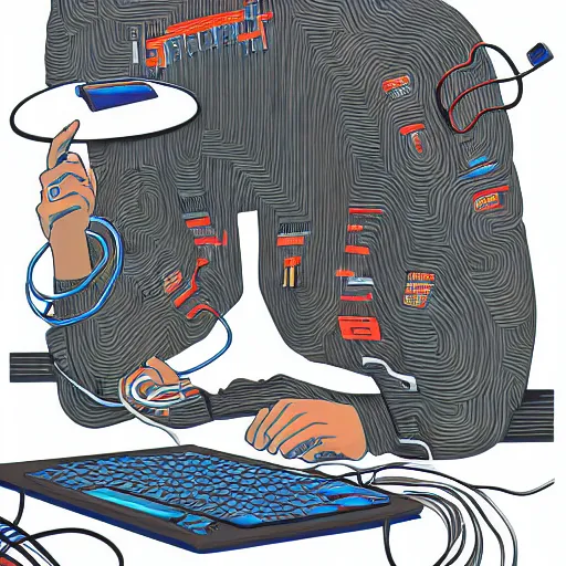 Image similar to illustration of a boy connected to his laptop with hundreds of wires, highly detailed, by ghibli, butcher billy, mcbess, rutkowski, james jean, 8 k, photorealistic