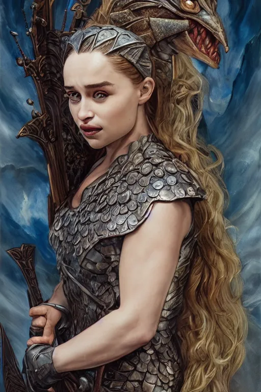 Image similar to A fantasy comic book style portrait painting of, hybrid, Emilia Clarke, Sophie Turner, as an Atlantean, Reptilian Warrior, Mystical Valkyrie, Armor, Sword, Archer Bow, Spear, Sheild, François Boucher, Oil Painting, unreal 5, DAZ, hyperrealistic, octane render, Regal, Refined, Detailed Digital Art, RPG portrait, Michael Cheval, William-Adolphe Bouguereau, Walt Disney (1937), Steampunk, dynamic lighting, Highly Detailed, Cinematic Lighting, Unreal Engine, 8k, HD