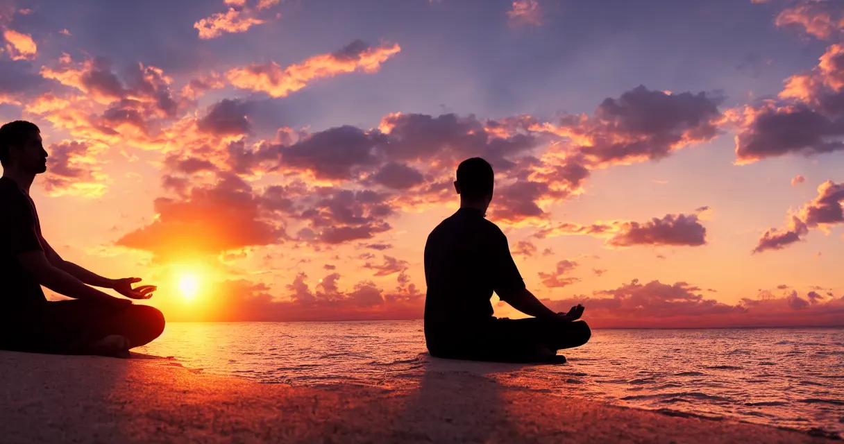 Image similar to wide range backlit photo of a man meditating, at a beautiful sunset, highly detailed, colorful,