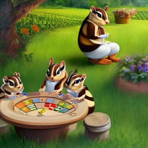 Image similar to three chipmunks sitting in a beautiful garden at a winery in heaven, tasting wine and eating cheese, while playing poker, digital art animation, highly detailed, elegant, 4 k