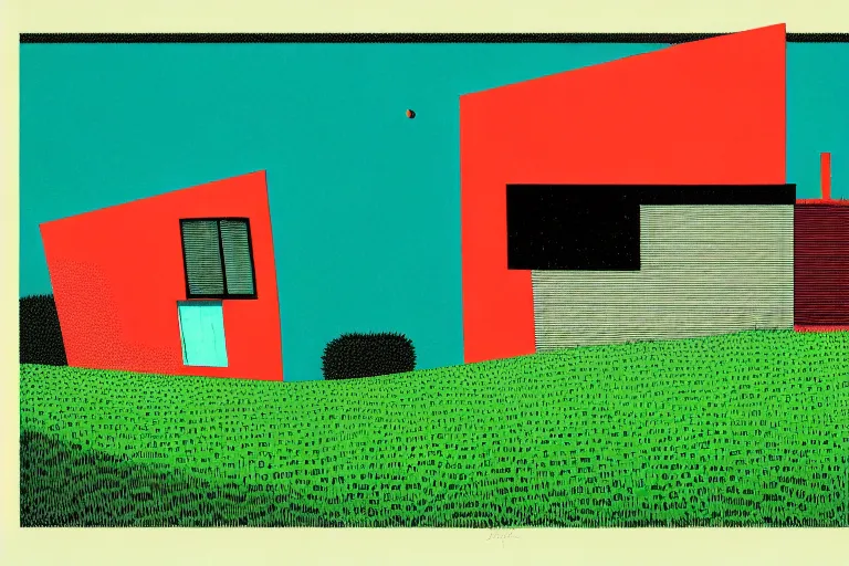 Image similar to surreal glimpse into other universe, house by le corbusier, summer morning, very coherent and colorful high contrast, art by!!!! gediminas pranckevicius!!!!, geof darrow, floralpunk screen printing woodblock, dark shadows, hard lighting, stipple brush technique,