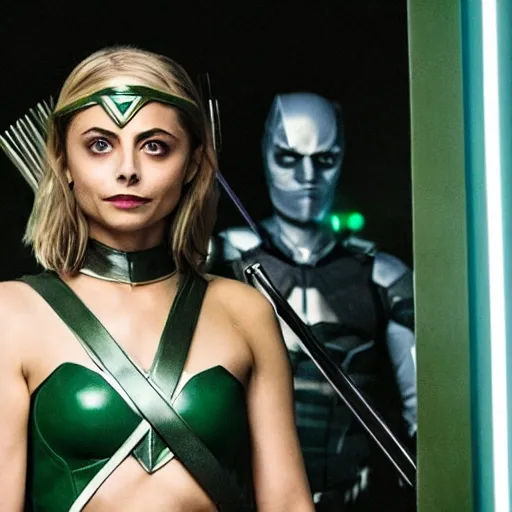 Image similar to film still of willa holland as an attractive female green arrow in the 2 0 1 7 film justice league, bleach blonde hair, focus - on - facial - details!!!!!!!!!!!!, minimal bodycon feminine costume, dramatic cinematic lighting, inspirational tone, suspenseful tone, promotional art