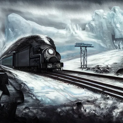 Prompt: an imposing futuristic black steam train and a giant mammoth, post - apocalyptic ice landscape with heavy snow, digital art