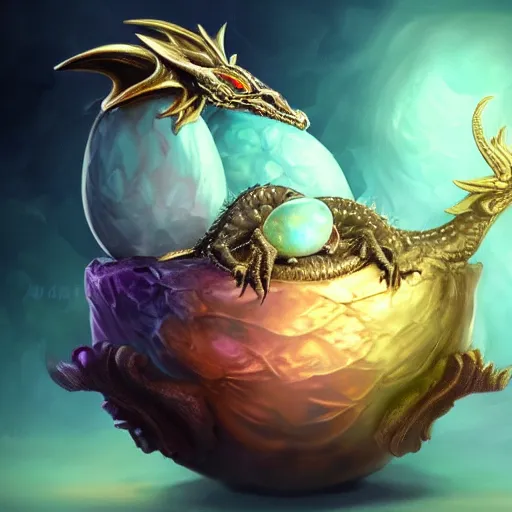 Prompt: baby dragon hatchling with horns, hatching out of a dragon egg, opals, amethyst, gold, velvet fabric, fantasy, mythology, unreal engine, digital painting, ethereal, heavenly,