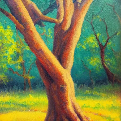 Image similar to beautiful oil painting of george sitting on a tree, day light, sunlight swamp, award - winning, matte,