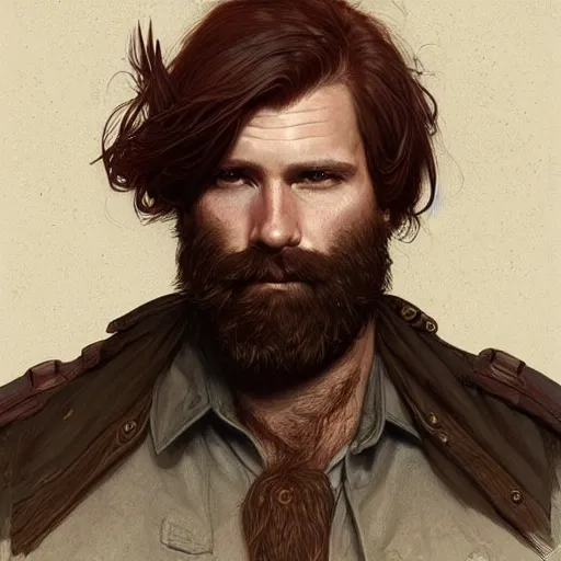 Image similar to portrait of a rugged ranger, 35 years old, beard, male, masculine, upper body, red hair, long hair, soft hair, D&D, fantasy, intricate, elegant, highly detailed, digital painting, artstation, concept art, matte, sharp focus, illustration, art by Artgerm and Greg Rutkowski and Alphonse Mucha