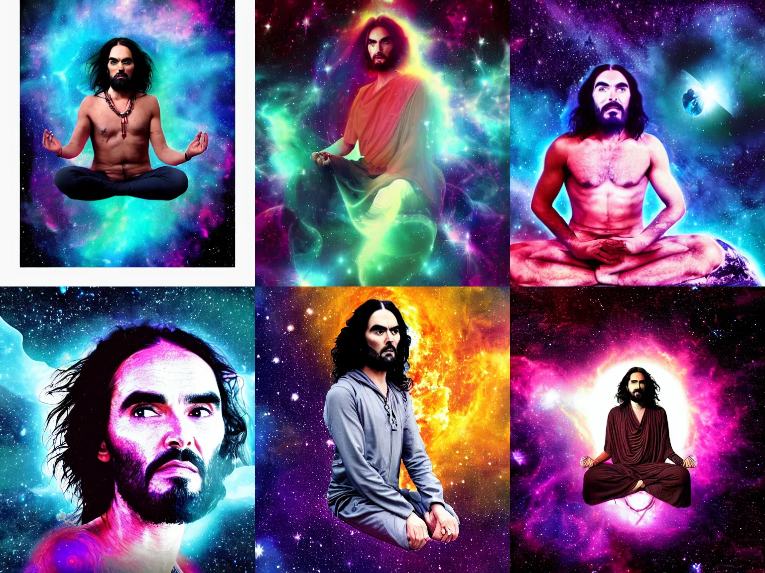 Prompt: Russell Brand meditating in space, nebula background, digital art, 4k