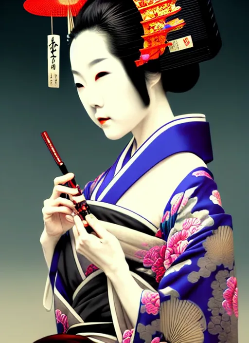 Image similar to sensual japanese geisha wearing vr eyepiece, intricate geisha kimono, robotic, android, cyborg, cyberpunk face, steampunk, fantasy, intricate, elegant, highly detailed, colorful, vivid color, digital photography, cool warm lighting, futurism, artstation, concept art, art by artgerm and greg rutkowski and ruan jia,