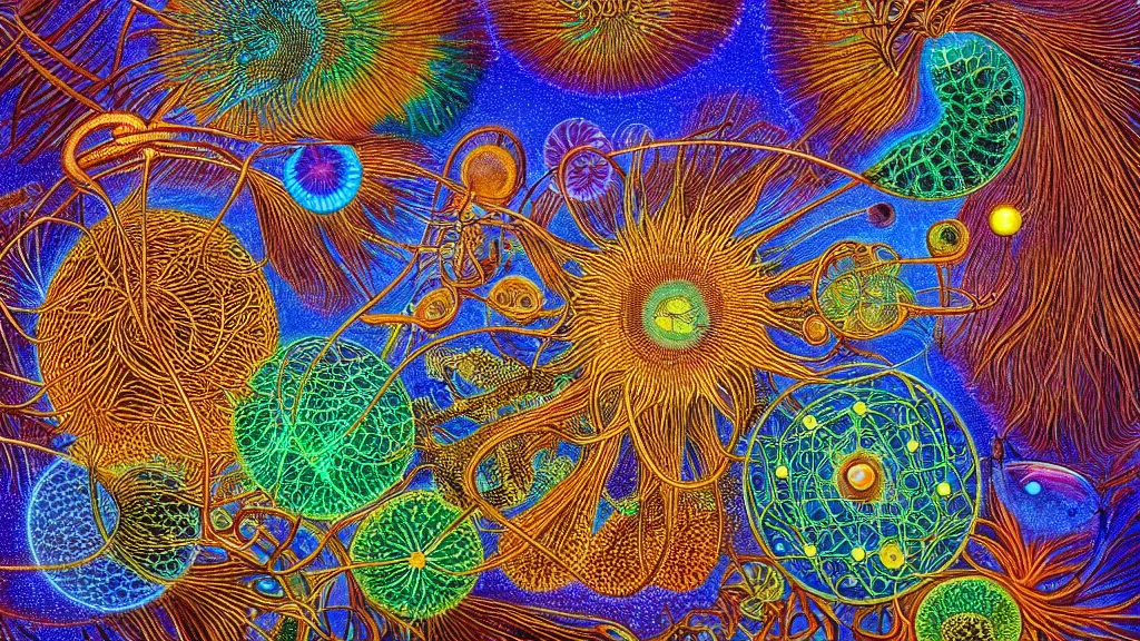 Image similar to quantum connections represented as symbiotic organisms like cells playing around with colorful lights by ernst haeckel, connectivity, sharp, realistic, magnetic