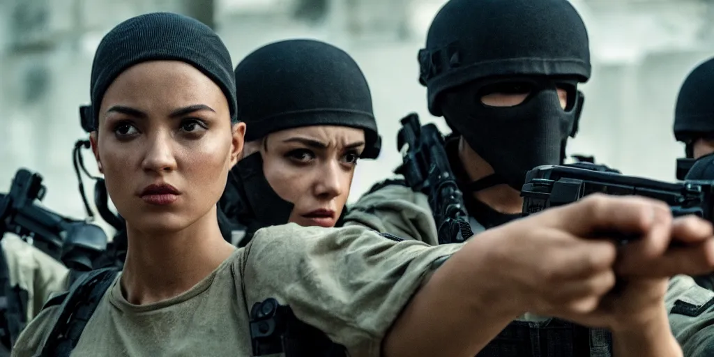 Image similar to vfx film, swat team squad crew, breach and clear, gang house, flat color profile low - key lighting award winning photography arri alexa cinematography, cinematic beautiful natural skin, famous face, atmospheric cool color - grade