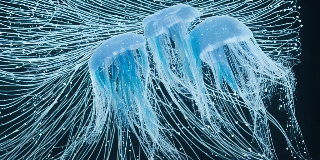 Image similar to a highly detailed underwater jellyfish with fiber optics as tentacles electrically shocking the water creating subtle waves and microscopic explosions