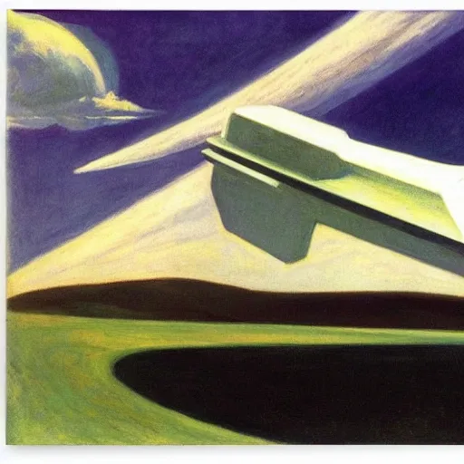 Prompt: spaceship in the sky by Edward Hopper