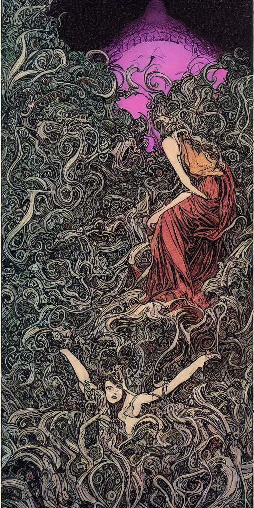 Prompt: erupting patterns of my mind swirling into the void, neon noir by rebecca guay