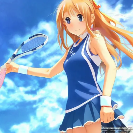 Image similar to a very beautiful young anime tennis yuuki asuna, full body, long wavy blond hair, sky blue eyes, full round face, bikini, miniskirt, front view, mid - shot, highly detailed, cinematic wallpaper by stanley artgerm lau