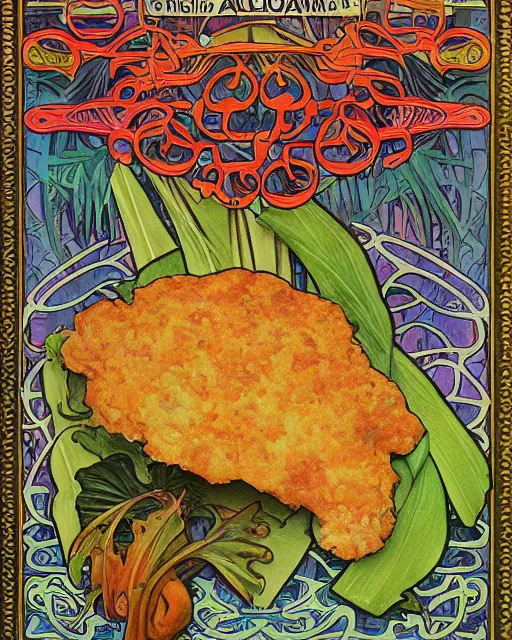 Image similar to a realistic cookbook photograph of a bacalaito fritter surrounded by tropical iconography and a variety of tropical flora, cell shading, by Alphonse Mucha, by Moebius, by hiroshi yoshida, Art Nouveau, colorful, ultradetailed, vivid colour, 3d