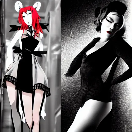 Image similar to anime femme fatale, film noir, black and white and red