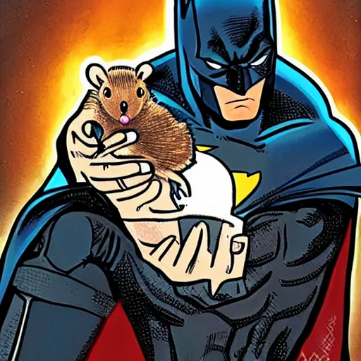 Prompt: Batman holding a hamster in his hand, moonlight, comic book style