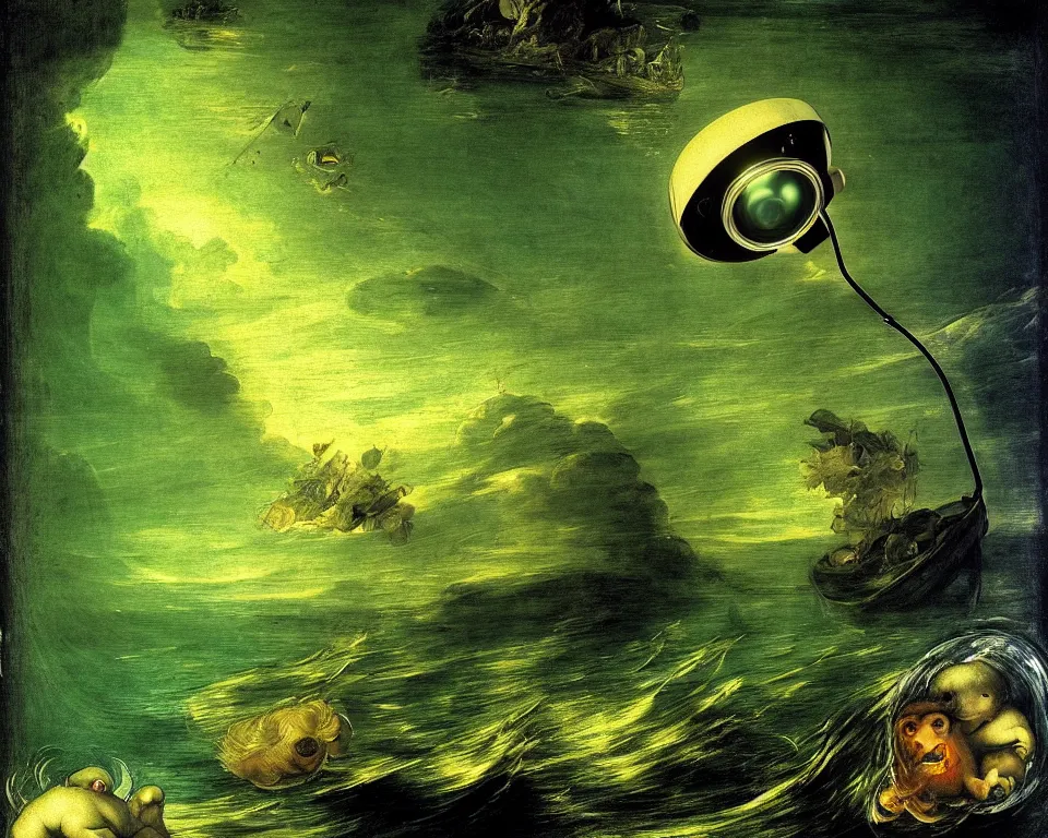 Image similar to a green pixar lamp on the bottom of the ocean by Raphael, Goya, and Tintoretto. detailed, trending on artstation.