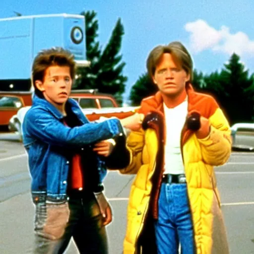 Image similar to a scene from the movie back to the future ( 1 9 8 5 ) starring tom holland and quentin tarantino