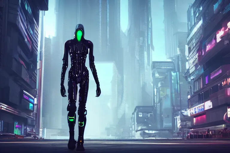 Image similar to cyberpunk alien concept inspired street, futuristic look, highly detailed body, very powerful, photorealistic camera shot, bright studio setting, studio lighting, crisp quality and light reflections, unreal engine 5 quality render