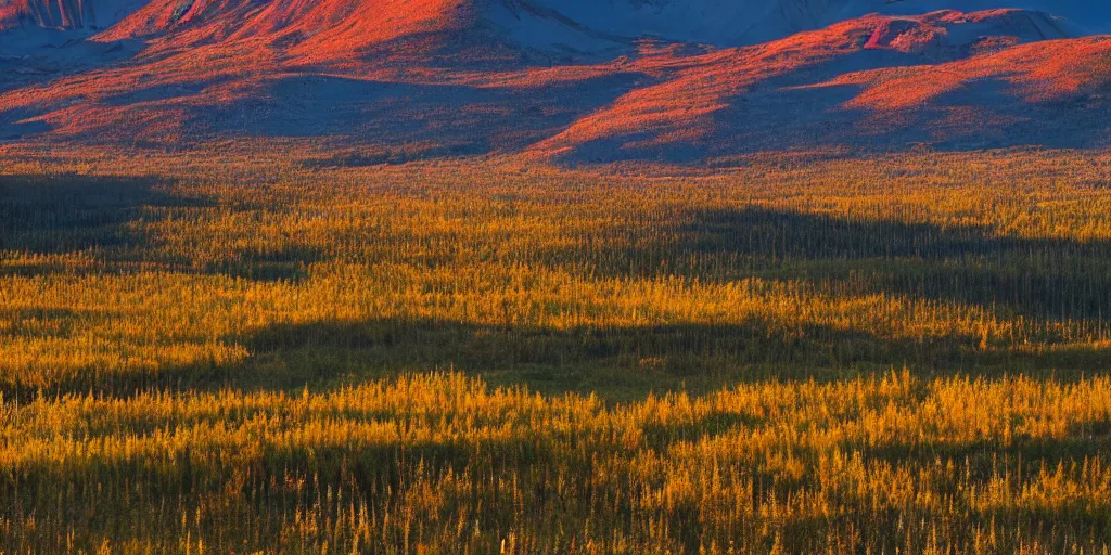 Image similar to yukon valley landscape in golden hour with red bearberry plants, high detail, high definition, 8k,