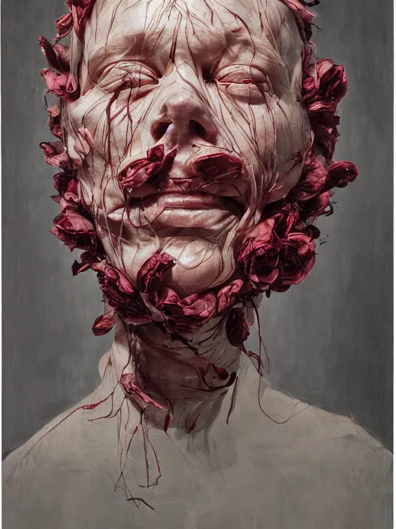 Image similar to twisted head, head made of roses, portrait by jenny saville