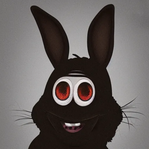 Image similar to A extremely highly detailed majestic hi-res beautiful, highly detailed head and shoulders portrait of a scary terrifying, horrifying, creepy black cartoon rabbit with scary big eyes, earing a shirt laughing in the style of Walt Disney