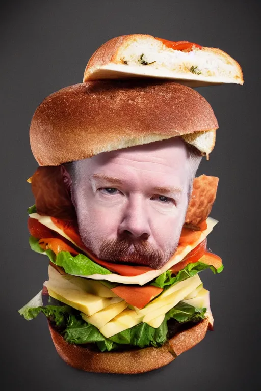 Prompt: 📷 portrait of adam savage the sandwich, made of food, still image, dynamic lighting, 4 k