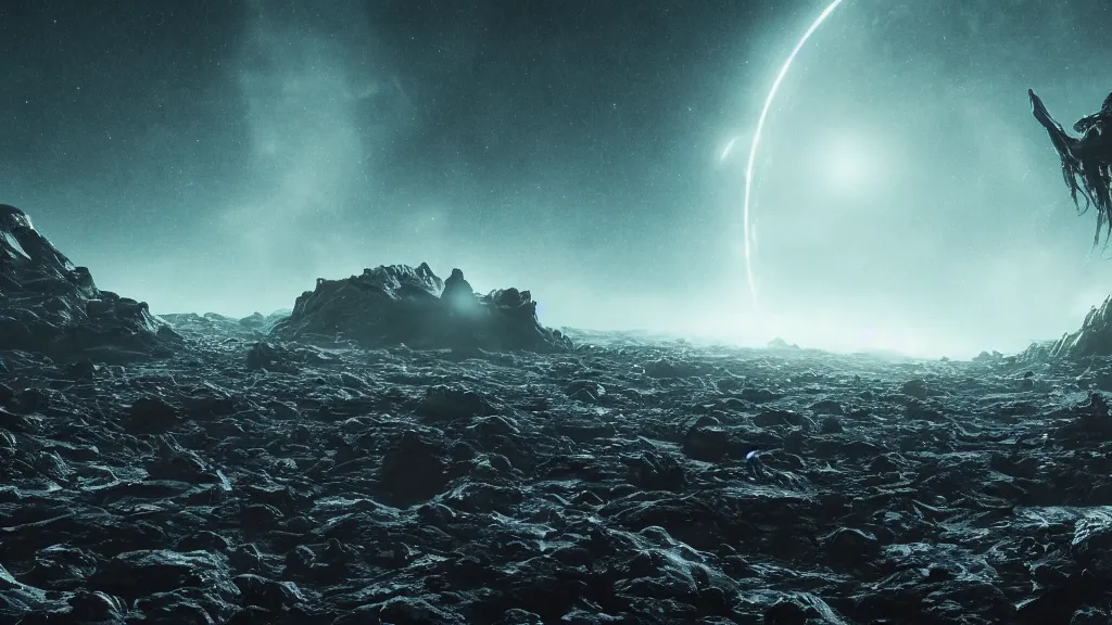 Image similar to alien planet, alien monster, large lovecraftian monster extra terrestrial, dark, moody, 3 moons, night sky shot, asteroids and meteor shower, 8 k, 4 k, unreal, high octane render