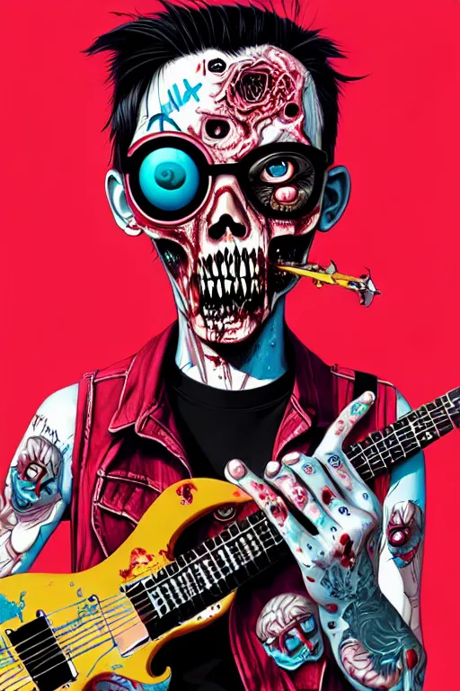 Prompt: a zombie punk playing guitar, tristan eaton, victo ngai, artgerm, rhads, ross draws