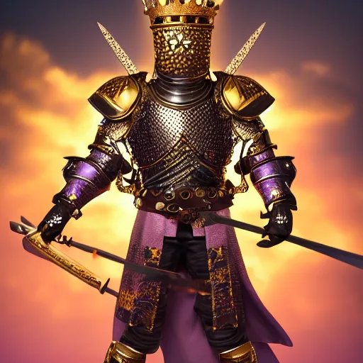 Image similar to a highly detailed knight with glowing purple eyes in a golden helmet and a golden crown with a diamond in the center, golden armor, leather clothes under the armor, leather gloves, holds a black sword, artstation, DeviantArt, professional, octane render, sunset lighting