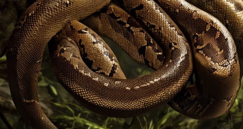 Prompt: closeup portrait of a python slithering around in a jungle environment, dramatic lighting, cinematic, octane render, cgsociety, artstation, 4k