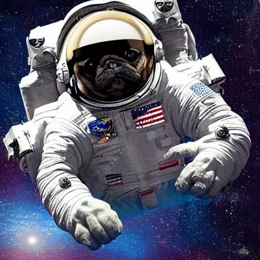 Image similar to hyper realistic, highly detailed, astronaut pug in space.