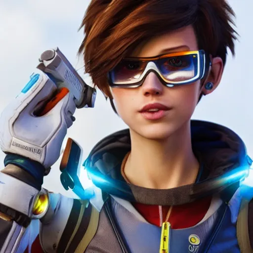 Image similar to stunning award winning hyperrealistic hdr 8 k highly detailed photo of tracer as a real human