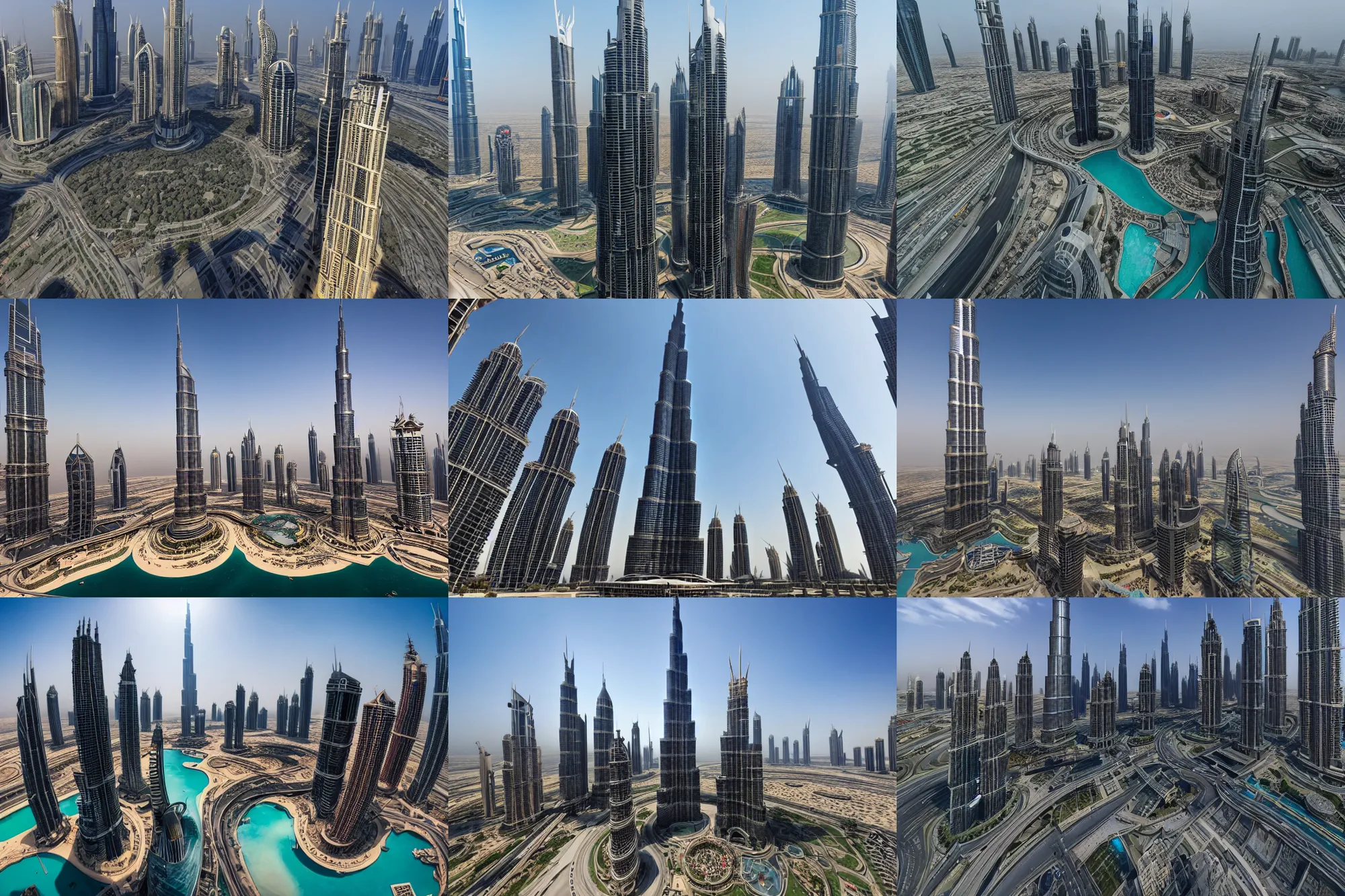 Prompt: wide angle view, godzilla smashes burj khalifa dubai, photorealistic, fine details, daylight, tele photo lens, 8 k