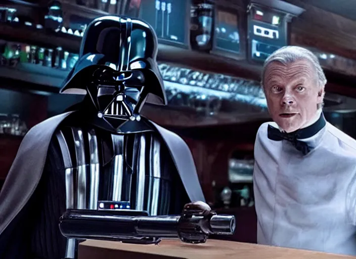 Prompt: film still of Darth Vader working as a bartender in the new Star Wars movie, 4k