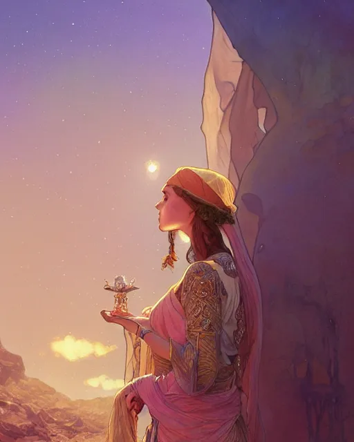 Image similar to bedouin in the desert, highly detailed, gold filigree, romantic storybook fantasy, soft cinematic lighting, award, disney concept art watercolor illustration by mandy jurgens and alphonse mucha and alena aenami, pastel color palette, featured on artstation