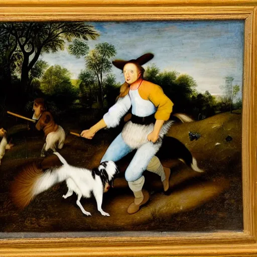 Prompt: Painting of an Australian Shepherd catching a frisbee in the style of Pieter Bruegel