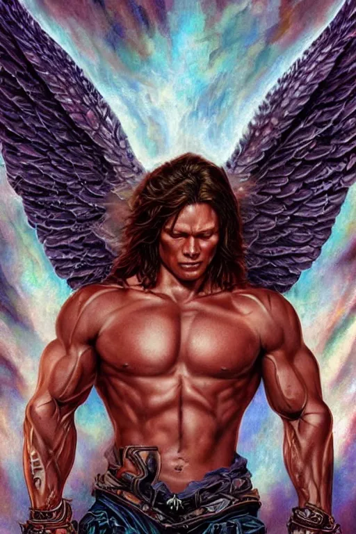 Prompt: muscular Sam Winchester as an angel with religious tattoos on chest and neck, with glowing runes on the body, urban fantasy book cover style, D&D dark fantasy style, sharp focus, ultra detailed, art by Artgerm and Peter Andrew Jones, Karol Bak, Ayami Kojima, Amano and Olivier Ledroit