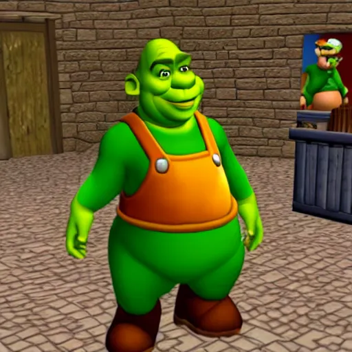 Image similar to shrek as a character in super mario 6 4