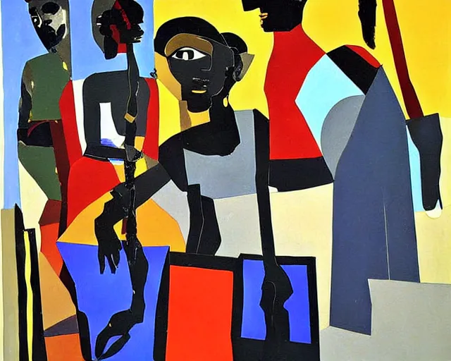 Image similar to a painting by Romare Bearden