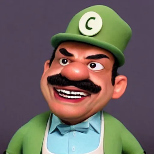 Image similar to beautifully rendered, masterpiece, caricature, claymation, luis guzman as luigi making absurd silly looking faces